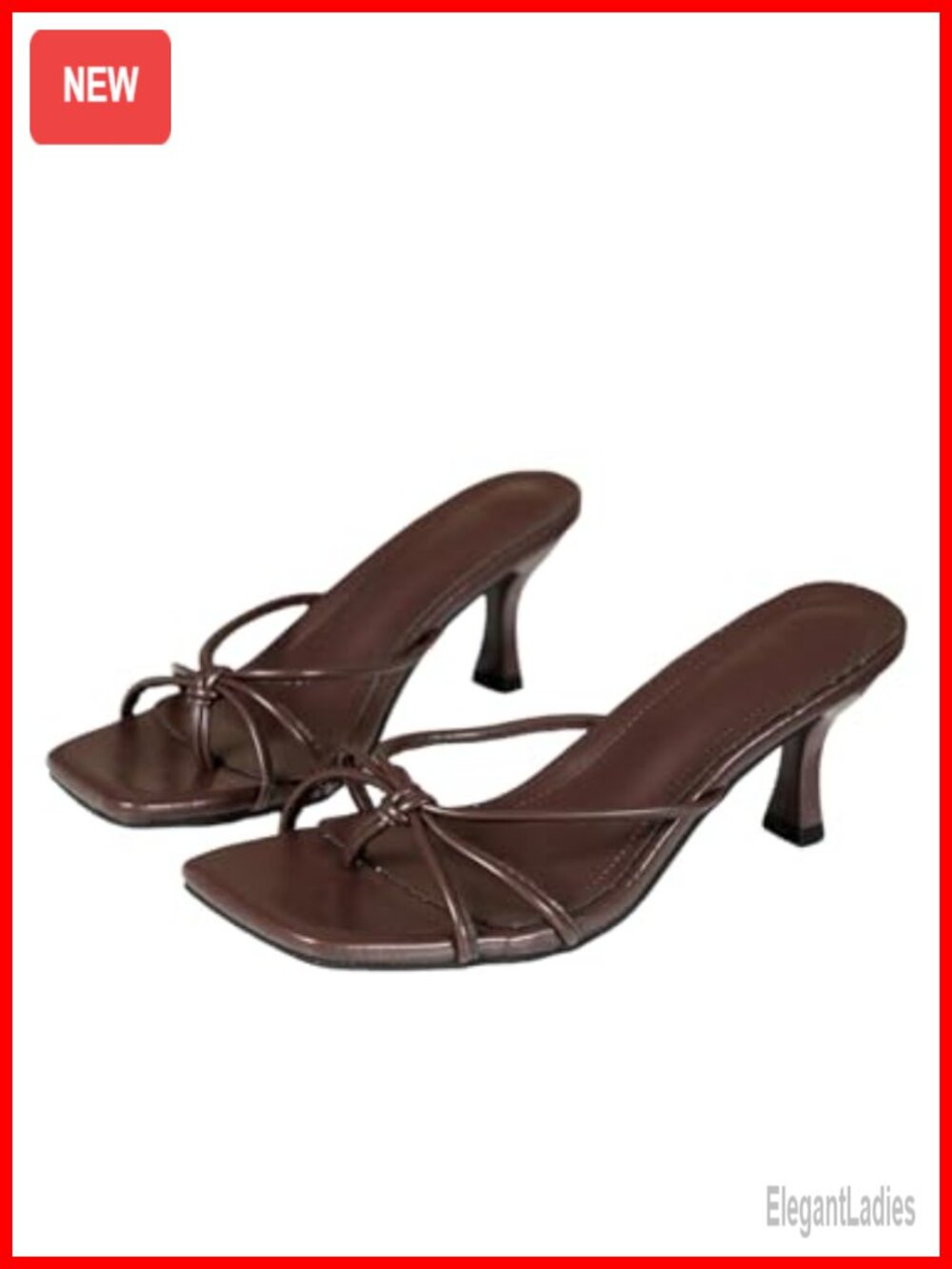Square Toe Strappy Thong Kitten Heel Slide Sandals Faux Leather Slip On